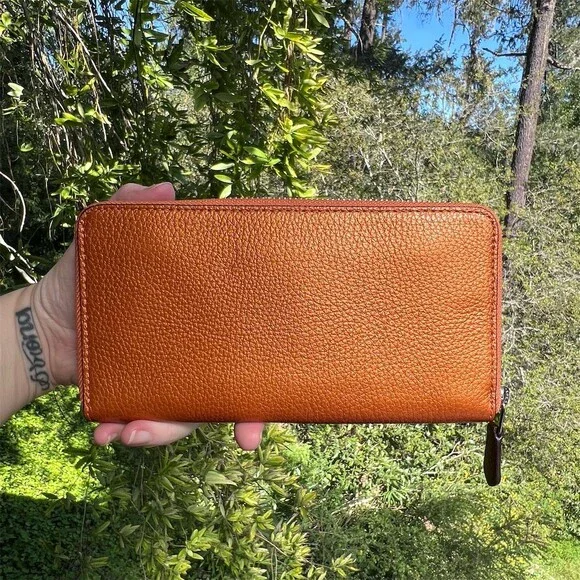COACH Long Zip-Around Orange Papaya Pebble Leather Wallet w Silver Hardware - Picture 2 of 9